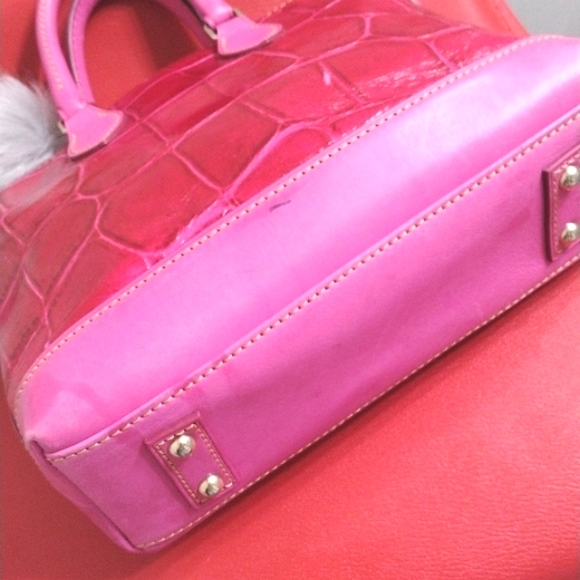 Dooney & Bourke Pink Leather Satchel Pink Croc Embossed with Pom Purse Charms - Picture 10 of 15